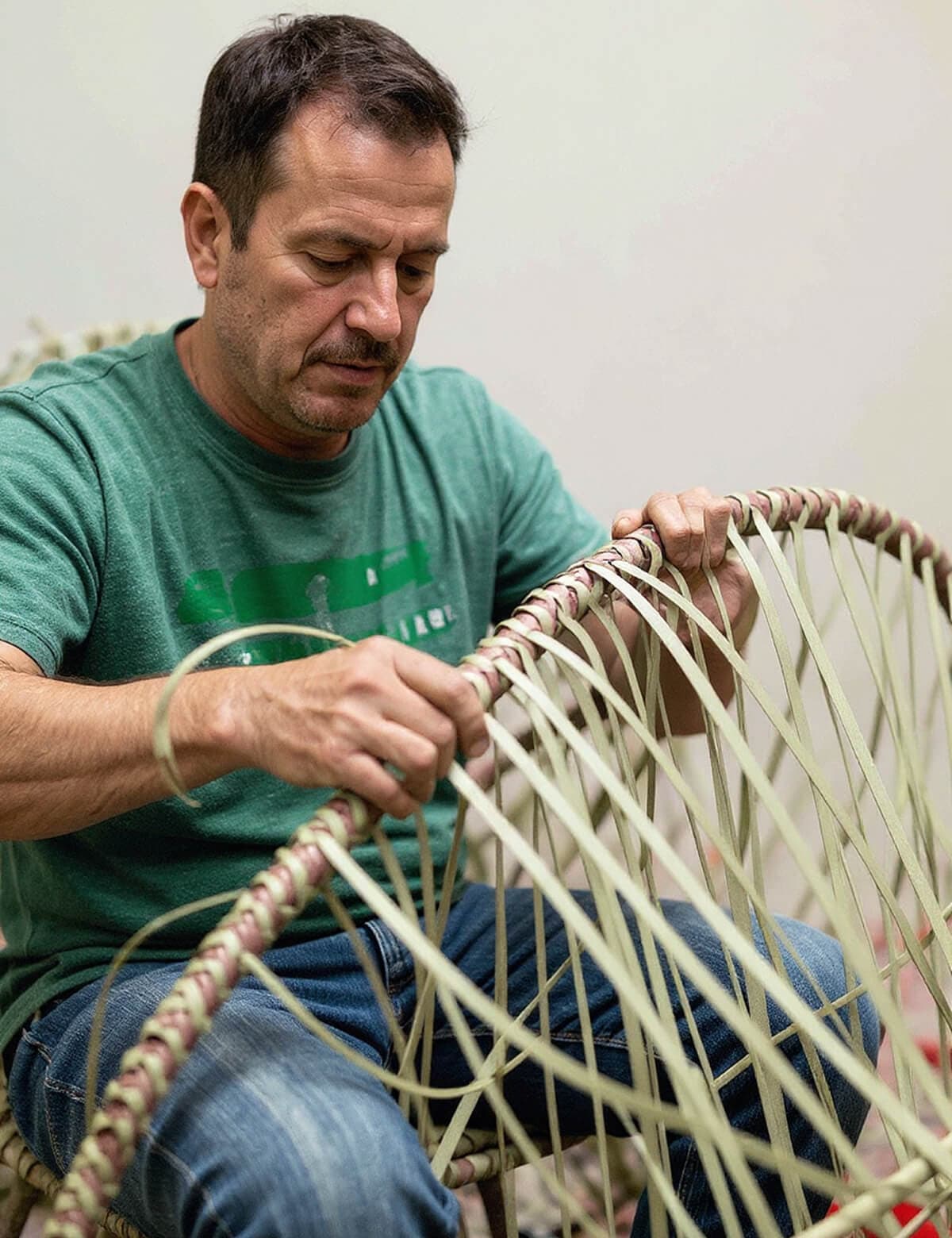 Hands weaving material around a chair frame