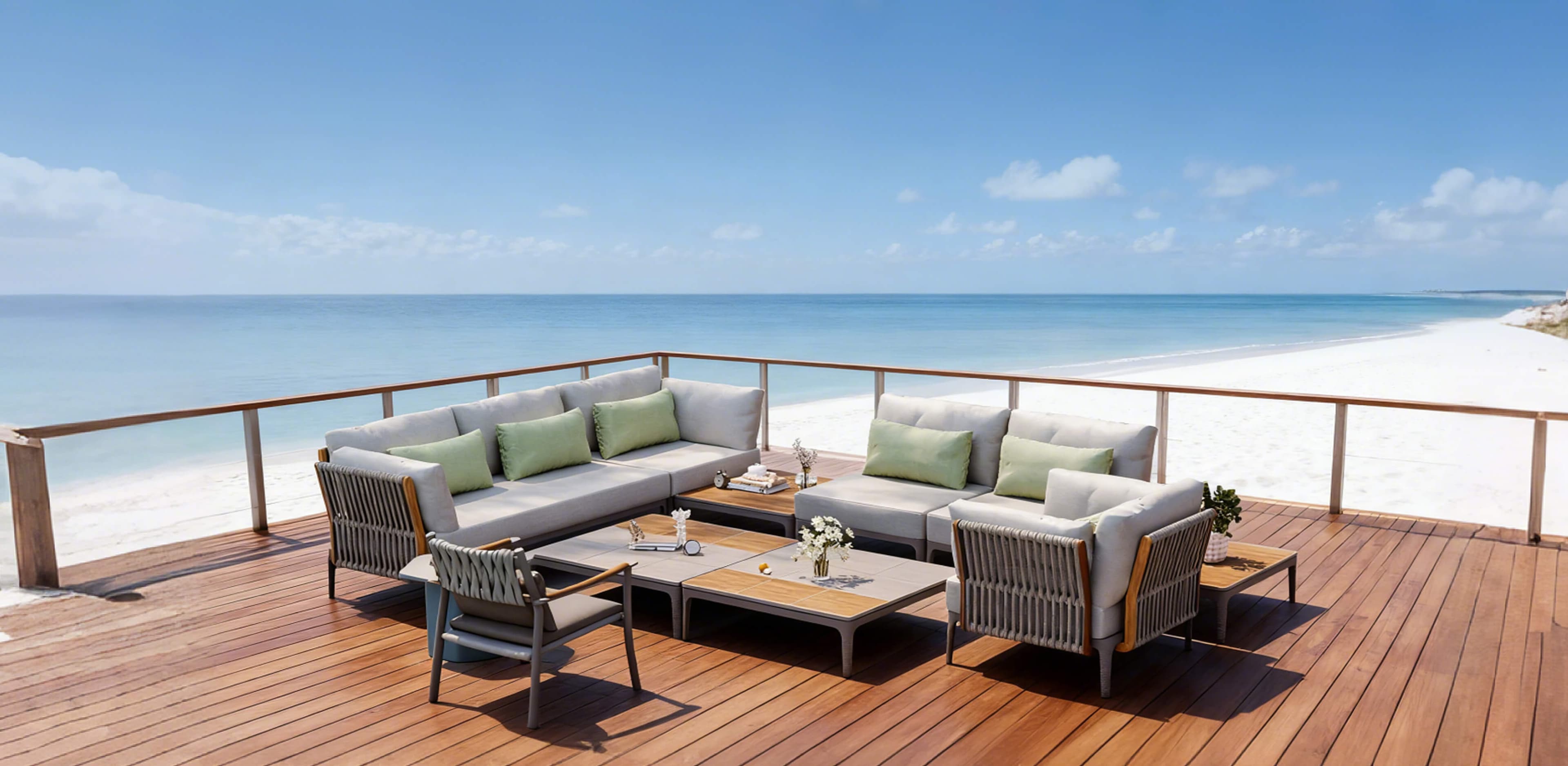 Luxury outdoor furniture by a waterfront pool