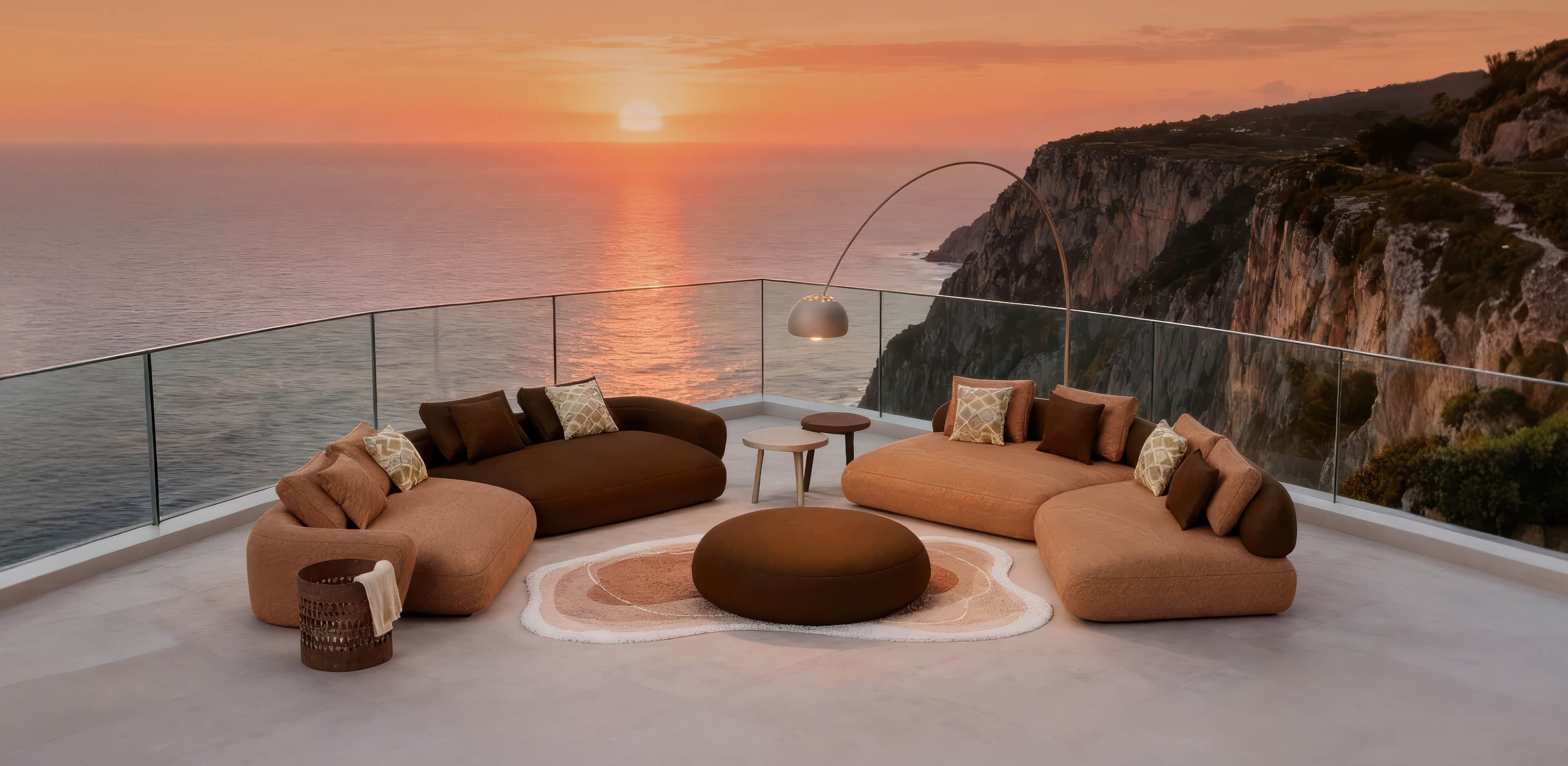 Modern outdoor lounge furniture on a resort terrace