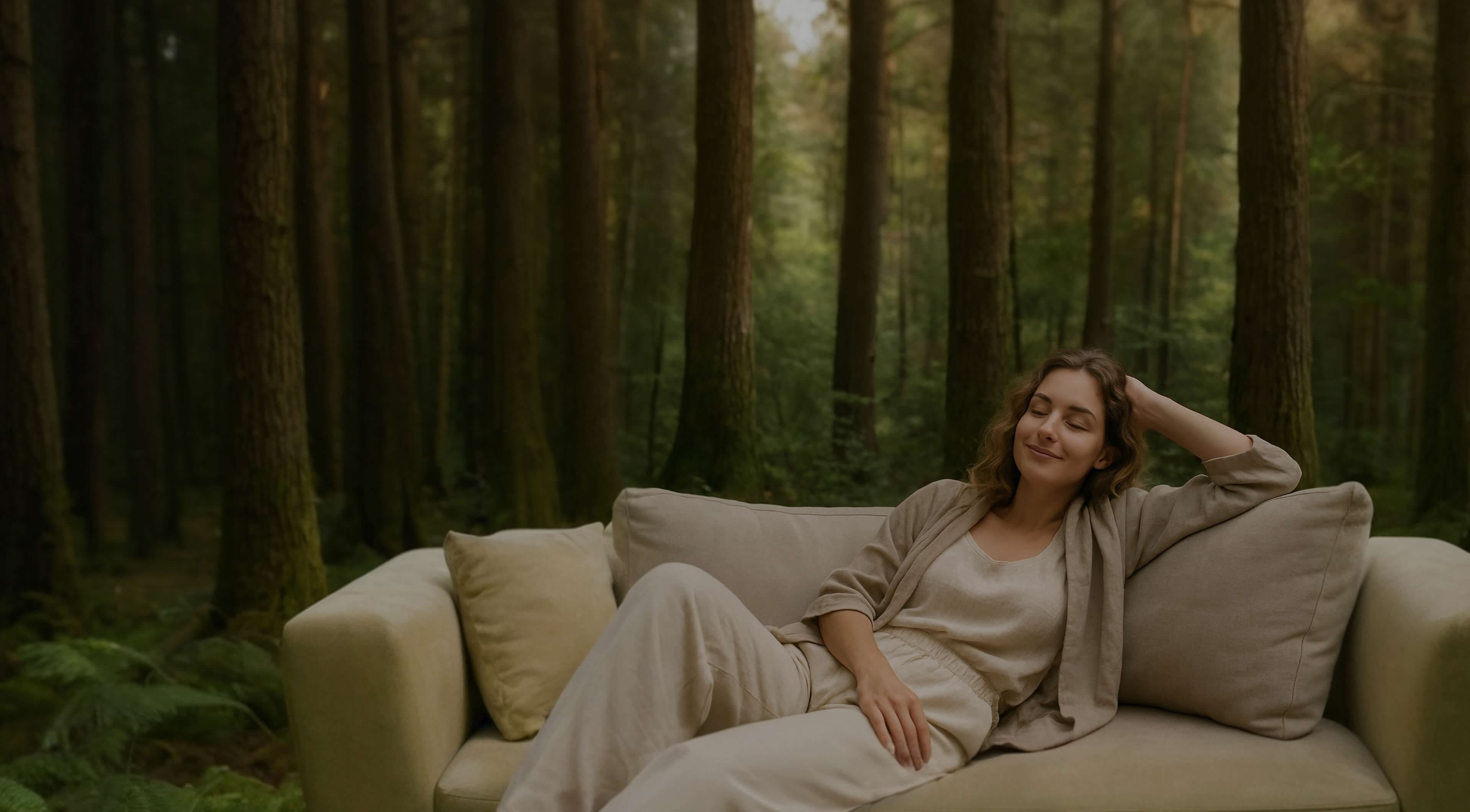Woman relaxing on a sofa in a forest setting