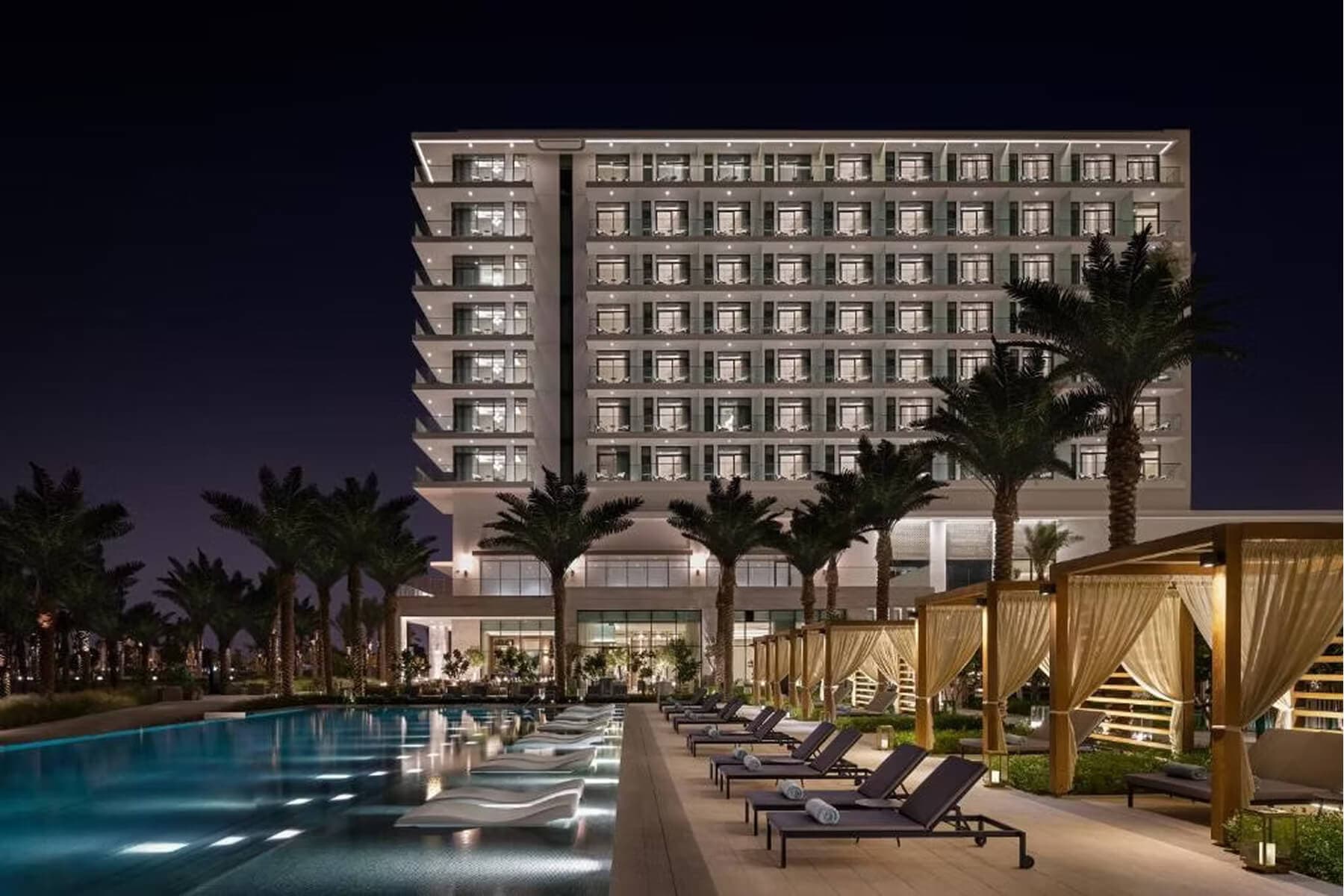 Hotel terrace project with poolside loungers and cabanas