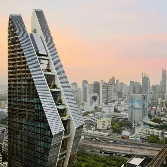 Dubai skyline framed by the resort facade
