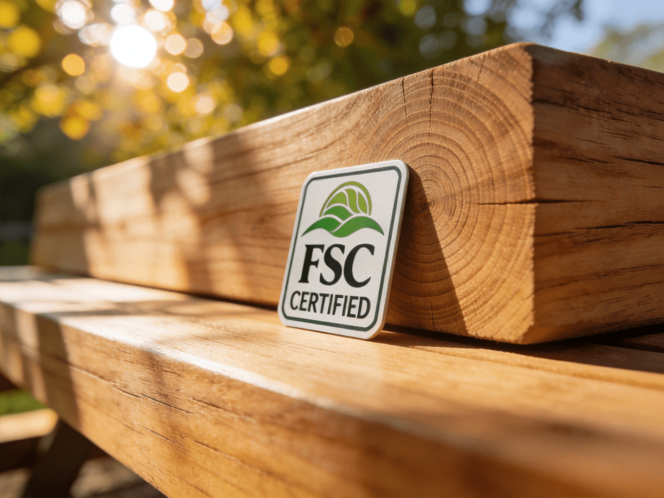 FSC certification label beside stacked timber